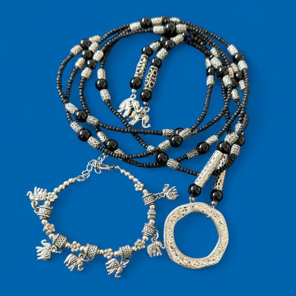 VTG South Asian Silver and Black Elephant Beaded Necklace & Bracelet Set of 2